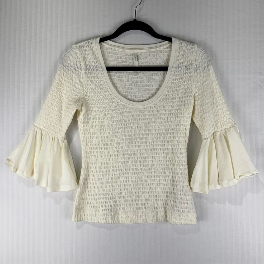Anthropologie Scoop Neck Smocked Boho Cowgirl Bell-Sleeve White Blouse X-Small
